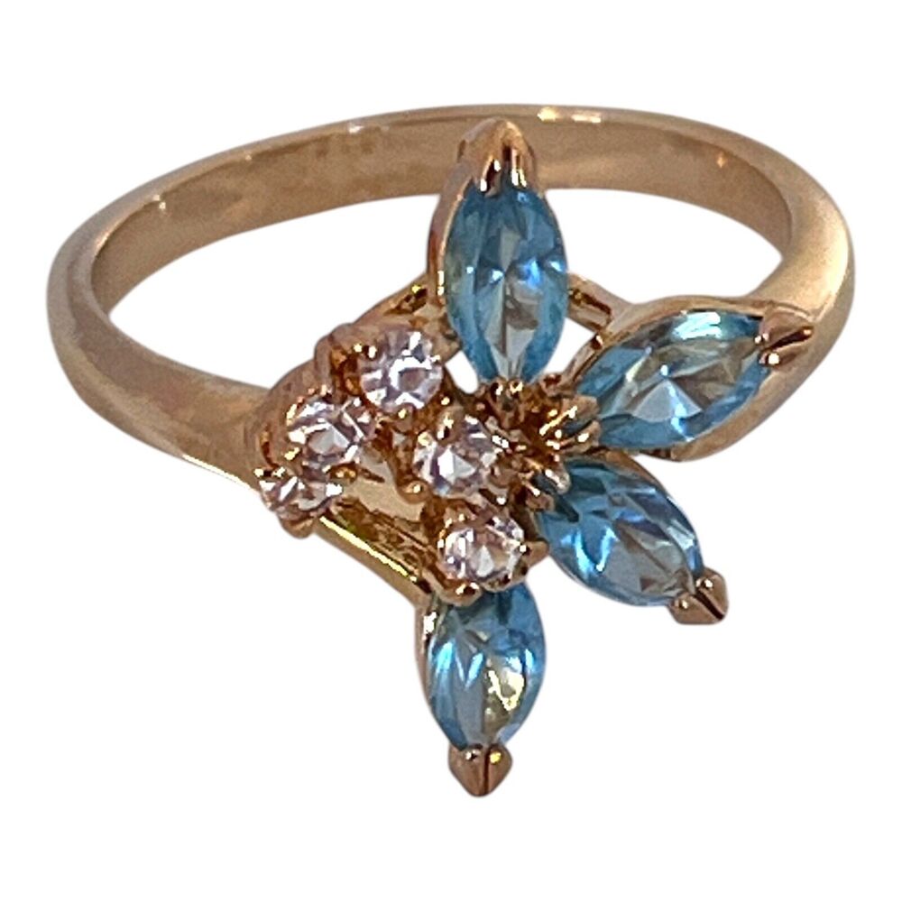 Vintage 1970s Austrian Crystal Ring Size 8 Blue Navette 14K Gold Plate - 6C - Picture 5 of 8
